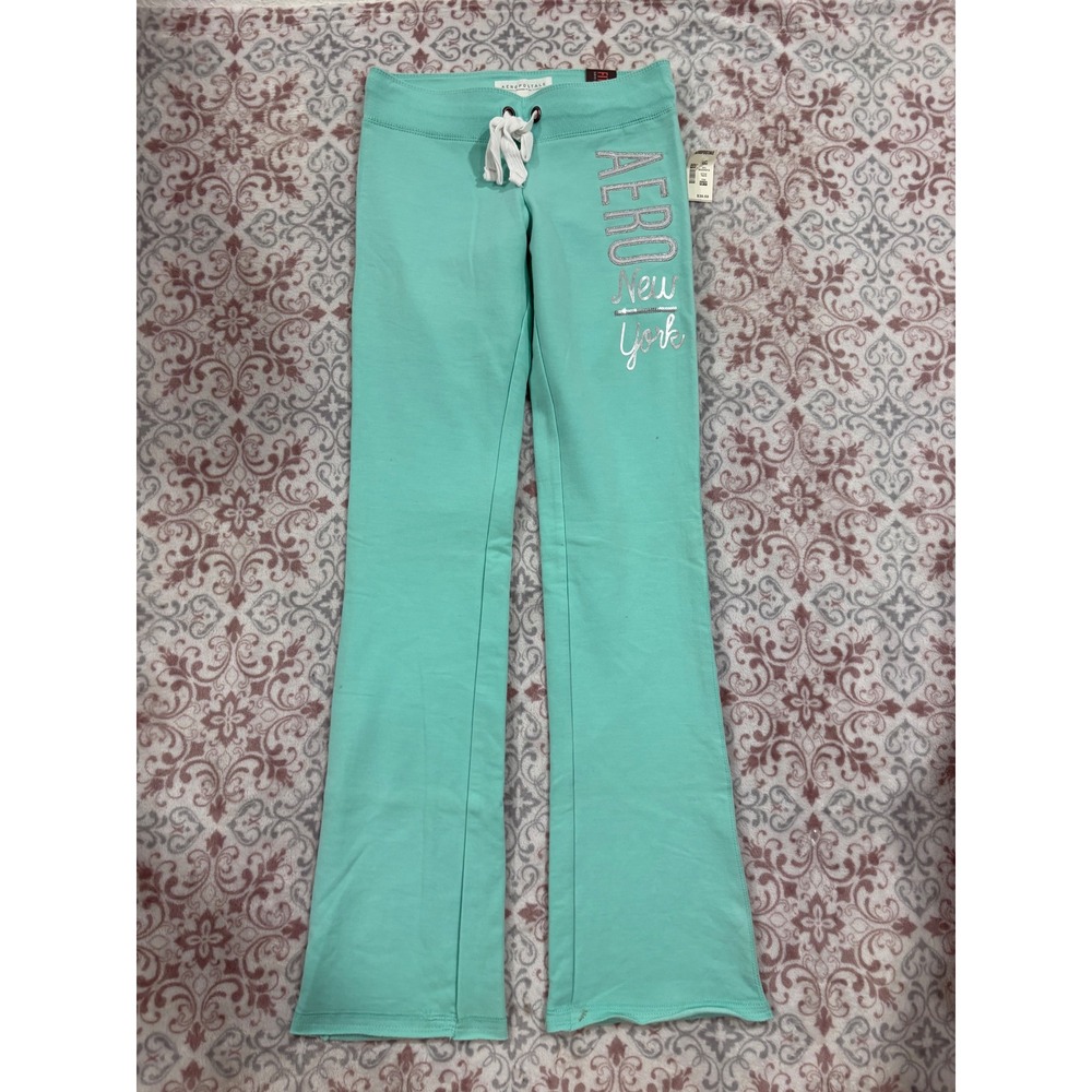 Aeropostale Fit & Flare Sweatpants Mint Green Silver Glitter Logo XS NWT 7513